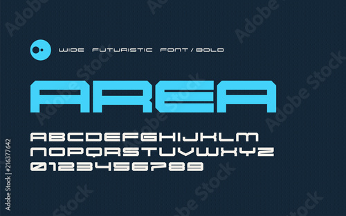 Vector bold futuristic display font, modern wide typeface, upper