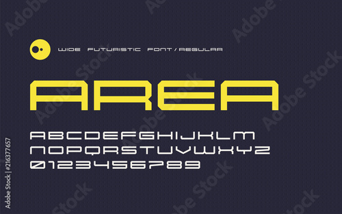 Vector regular futuristic display font, modern wide typeface, up