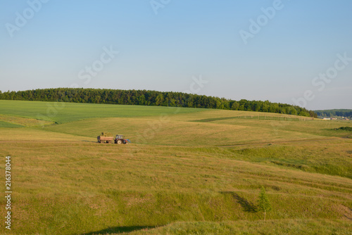 tractor with a trailer carries bales of hay through a field © alexnikit