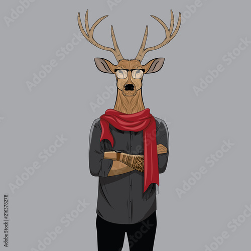 Hipster deer with glasses and scarf. Anthropomorphic illustration, fashion animals