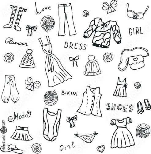 Vector Doodle signs and symbols on the theme of clothes and shoes.
