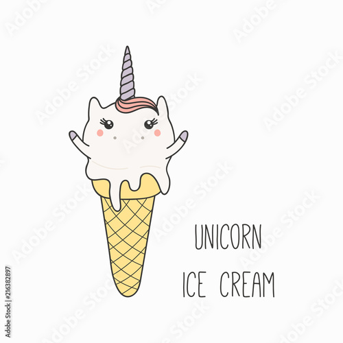 Hand drawn vector illustration of a kawaii funny ice cream cone with unicorn horn, ears, with text. Isolated objects on white background. Line drawing. Design concept for cafe menu, children print.