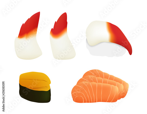 akagai surf clam , uni and salmon sushi and sashimi vector