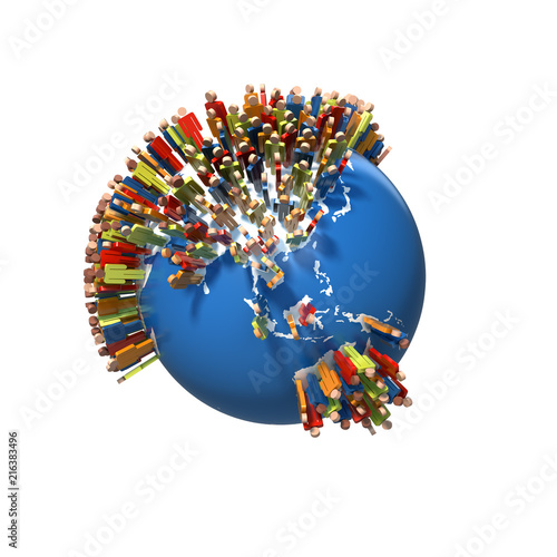 World Population, Globe with people, China, Australia, 3D rendering