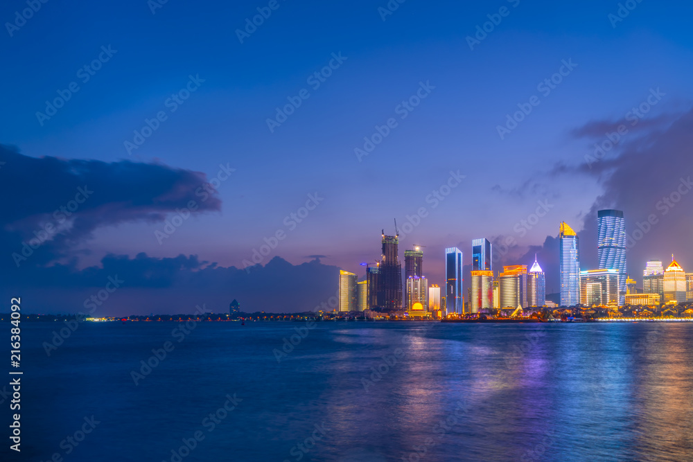 The night scene of modern urban architectural landscape in Qingdao, China