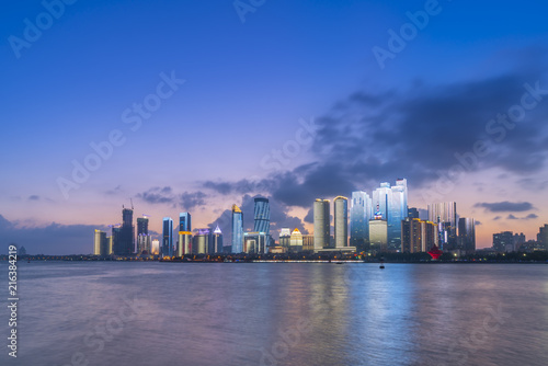 The night scene of modern urban architectural landscape in Qingdao, China