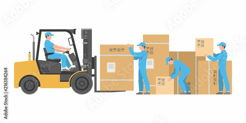 Men loading boxes on forklift. Delivery service. flat style. isolated on white background