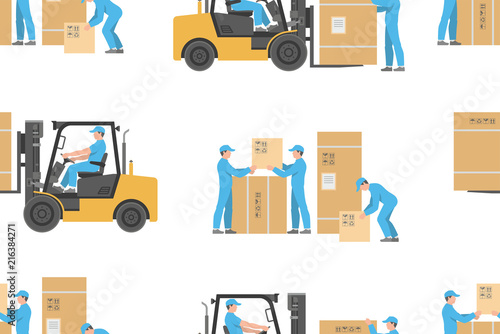 Seamless pattern with Forklift truck and Warehouses workers. flat style. isolated on white background