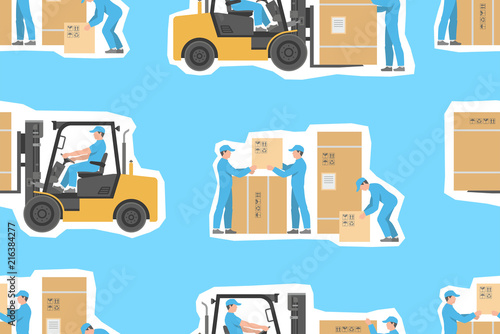 seamless pattern with Forklift truck and Warehouses workers. flat style. isolated on blue background