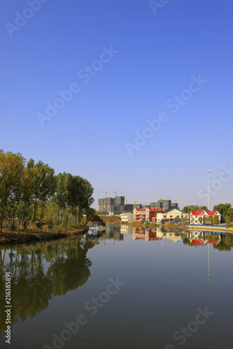 lake and architecture landscape in a park