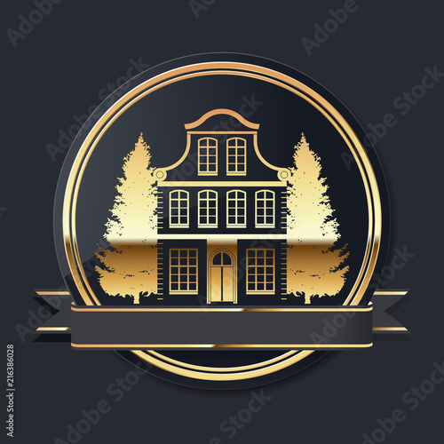 goldenes luxus immobilien vektor logo mit banderole