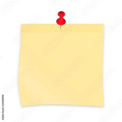 Yellow sticky note paper attached with red pin. Realistic sticker and pushpin isolated on white. Vector illustration.