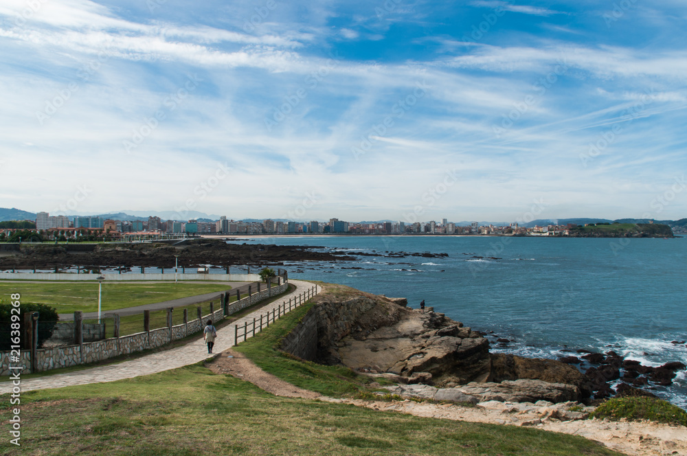 Gijon, Asturias, Spain. Summer of 2017. The sea  and the city in the background.