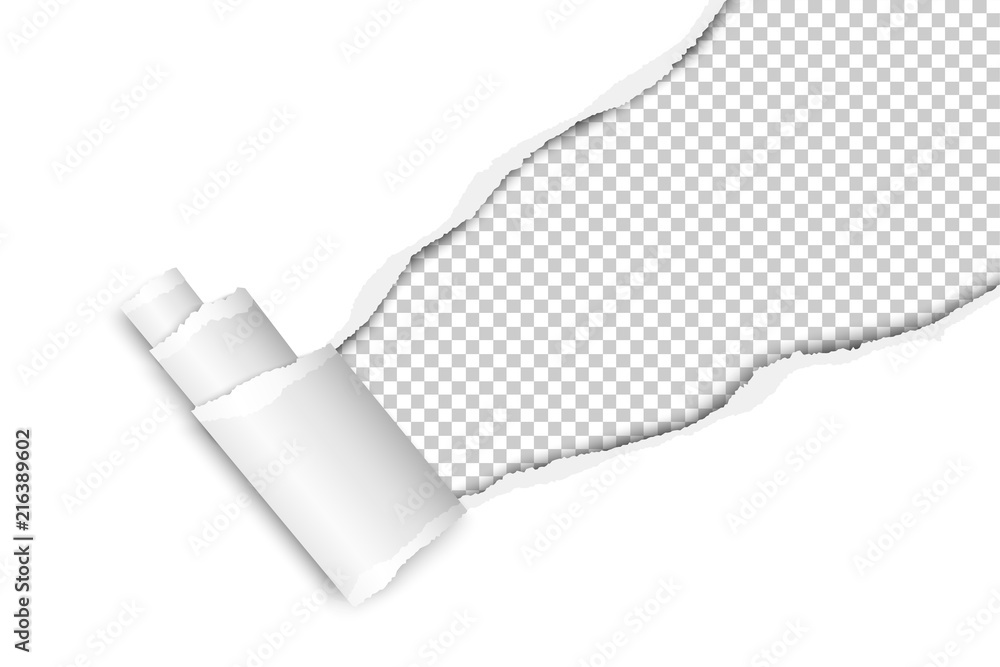 Diagonally snatched middle of white paper from upper right corner to