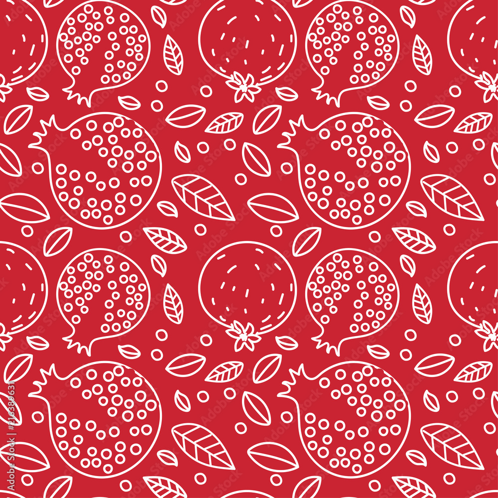 Garnet seamless pattern. Hand drawn fresh pomegranate. Line vector
