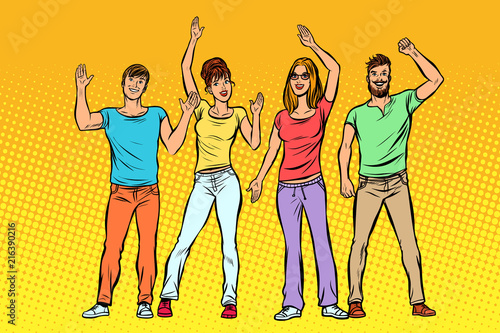 greeting. a group of people waving their hands