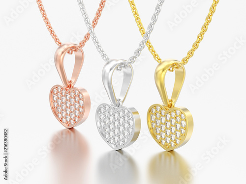 3D illustration three jewelry red rose yellow white gold or silver diamond heart necklaces on chain