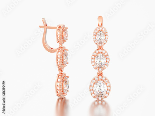 3D illustration jewelry red rose gold diamond earrings with hinged lock
