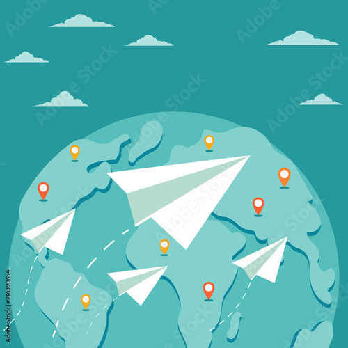 Flying paper planes over world map