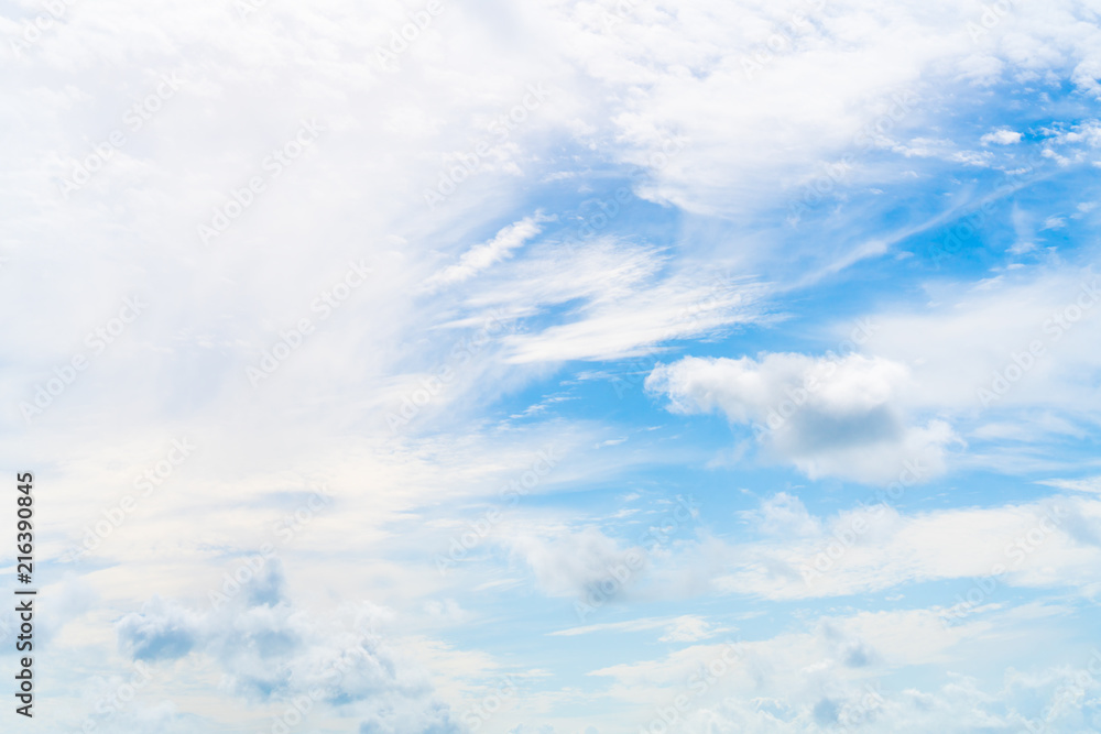 Clear blue sky on sunny day with sparse clouds, abstract background. Nature, air travel, weather forecast, cloudscape, or freedom concept Clear blue sky on sunny day with sparse clouds, abstract background. Nature, air travel, weather forecast, cloudscape, or freedom concept