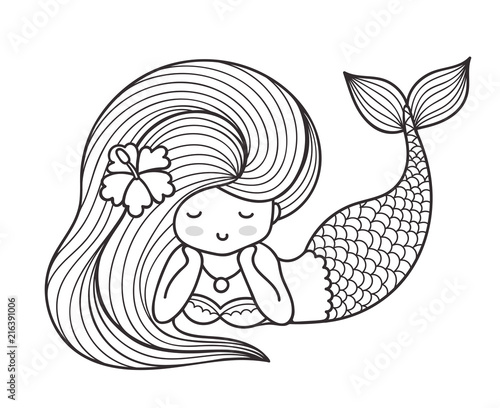 Dreamy lying mermaid with long curly hair. Vector outline illustration for coloring book.