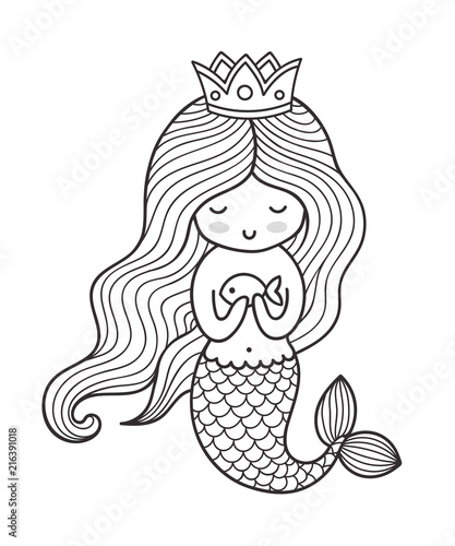 Mermaid with long curly hair and crown. Vector outline illustration for coloring book.