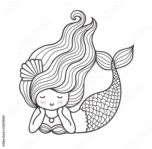 Dreamy lying mermaid with long curly hair. Vector outline illustration for coloring book.
