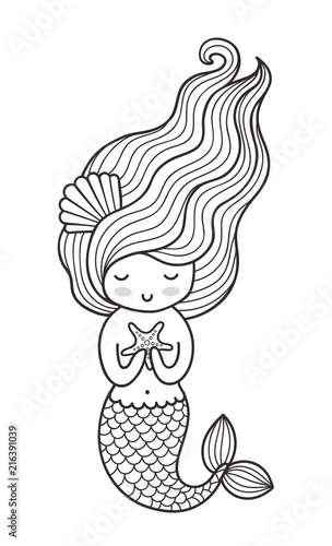 Beautiful little mermaid with starfish. Hand drawn vector illustration on a white background.