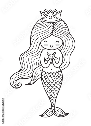 Mermaid with long curly hair and crown. Vector outline illustration for coloring book.