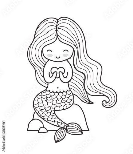 Beautiful mermaid with long hair, sitting ona a rock. Siren. Vector outline illustration for coloring book.