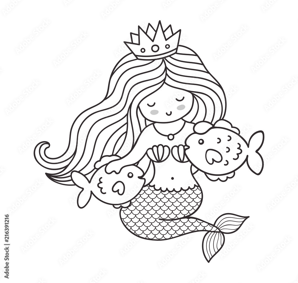 Fototapeta Mermaid, sitting on a seabed, with two little fish. Cartoon characters. Illustration fot print, coloring book, card and poster.