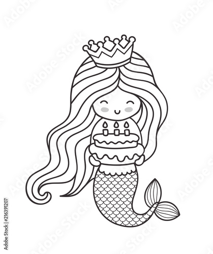 Little happy princess mermaid, holding a birthday cake. Cute cartoon character. Outline illustration for coloring book, card, invitation, poster, print.