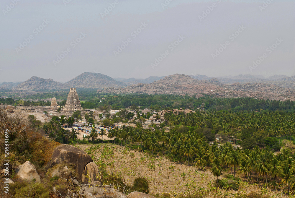 Arieal view of the Virupaksha temple from the west side of Matanga Hill, Hampi, Karnataka. Sacred Center.