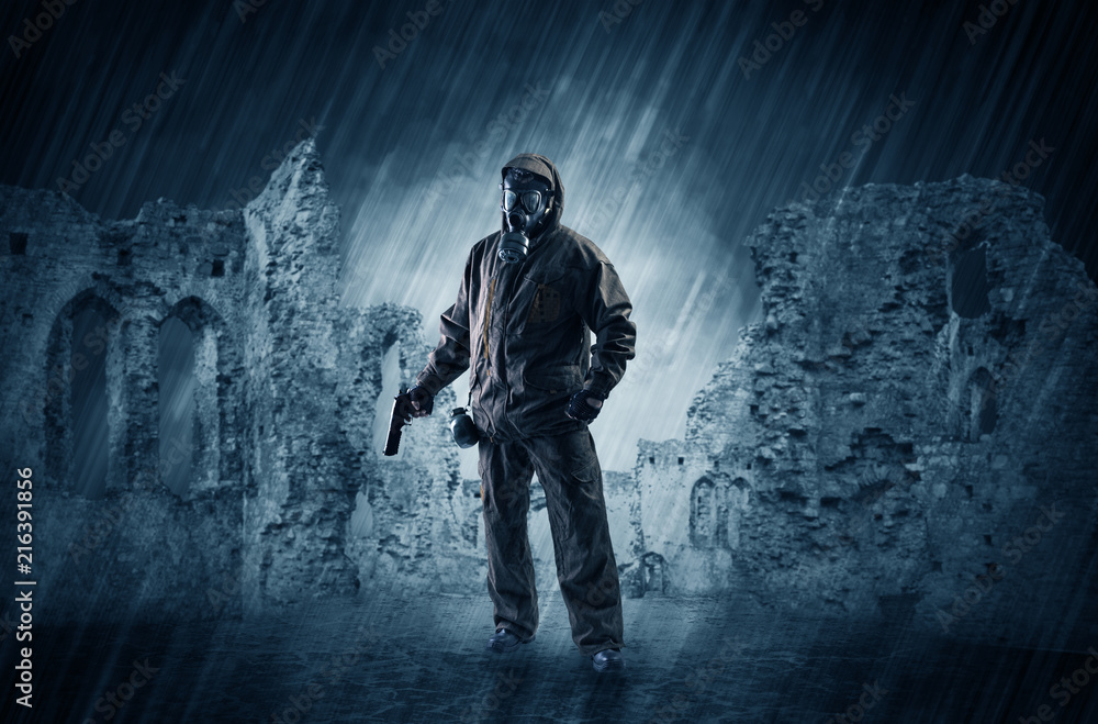 Hazard, menace man in a ruined crumbly building with arms on his hand
Hazard, menace man in a ruined crumbly building with arms on his hand