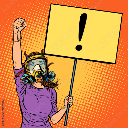 woman in gas mask protesting against polluted air. Environmental
