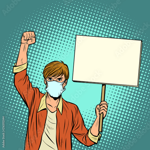 A man in a medical mask protests