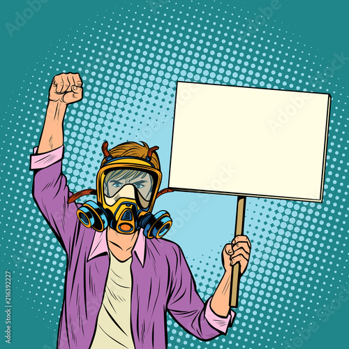 A man in a gas mask protesting against polluted air. Environment