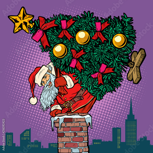 Santa Claus with a Christmas tree climbs the chimney