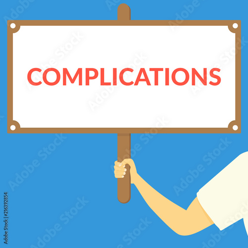 COMPLICATIONS. Hand holding wooden sign