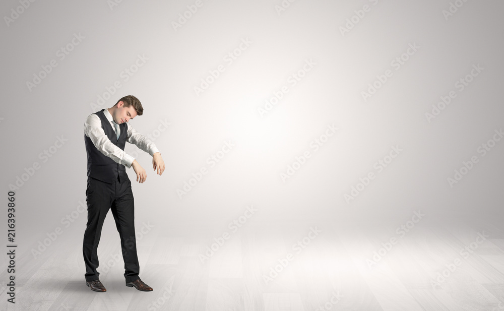 Zombi, sleepy maniac businessman walking in a copy space
Zombi, sleepy maniac businessman walking in a copy space