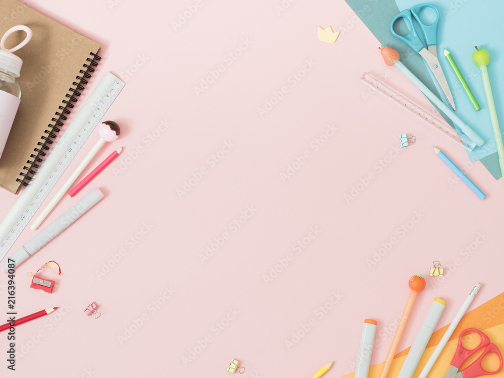 School supplies flat lay, stationery on pink background. Education, Back to  School Stock Photo by rawf8