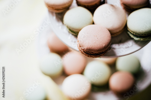 Homemade French Macaroons on the Plate, Pistachio, Coffee and Vanilla Macaroons, Beautiful Wallpaper
