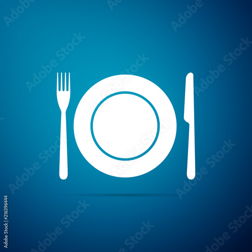 Plate, fork and knife icon isolated on blue background. Cutlery symbol. Restaurant sign. Flat design. Vector Illustration