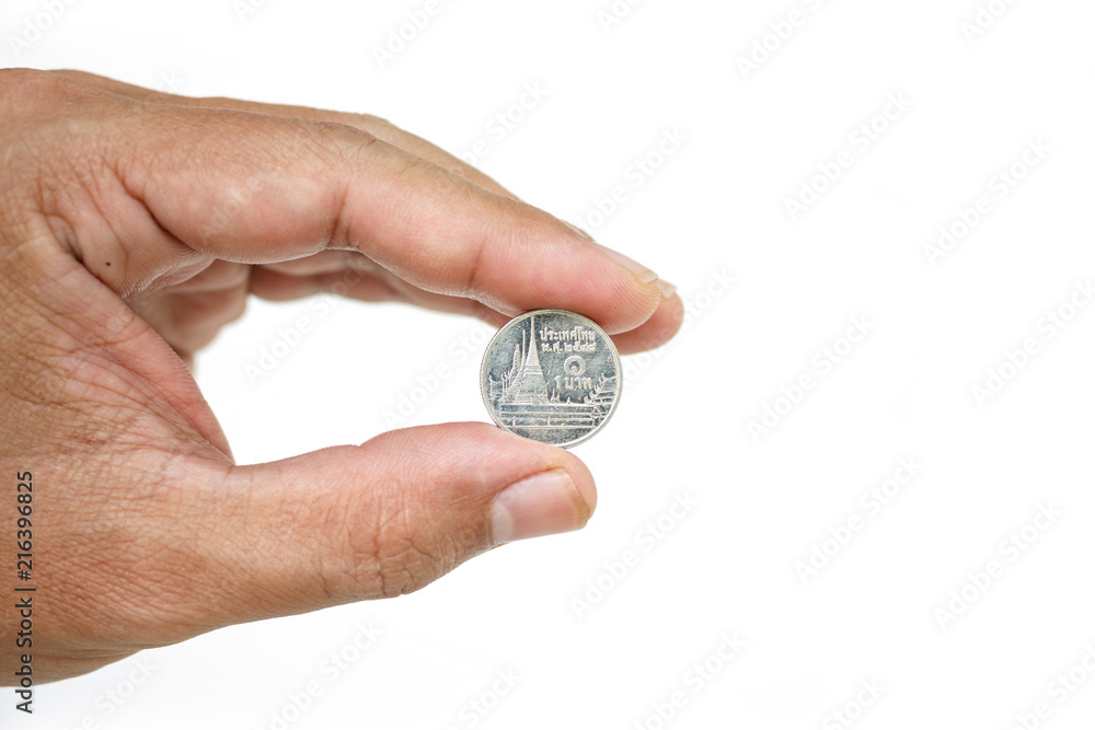 hand holding silver coin business finance bank on white background hand holding silver coin business finance bank on white background