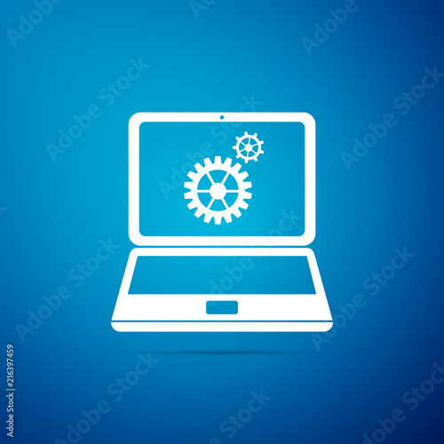 Wallpaper Mural Laptop and gears icon isolated on blue background. Laptop service concept. Adjusting app, setting options, maintenance, repair, fixing laptop concepts. Flat design. Vector Illustration Torontodigital.ca