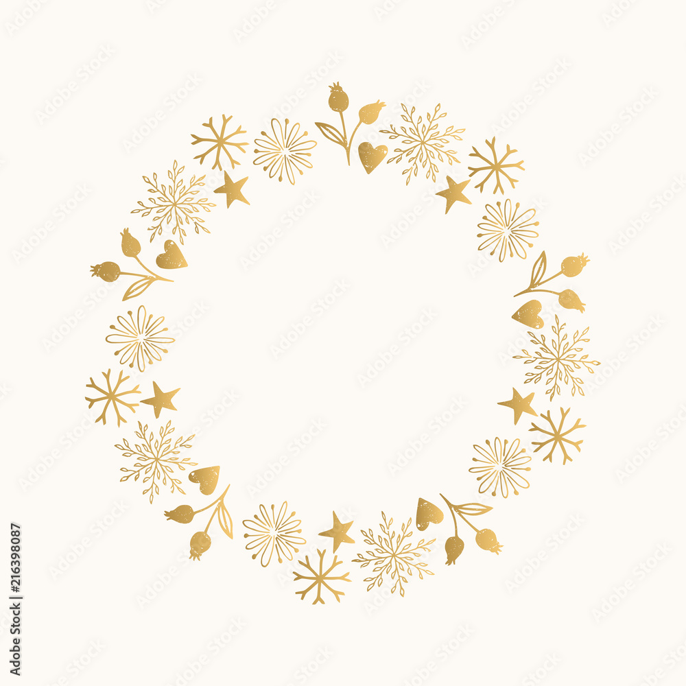 Romantic Christmas wreath with hand drawn snowflakes. Seasonal vintage design. Isolated elements.