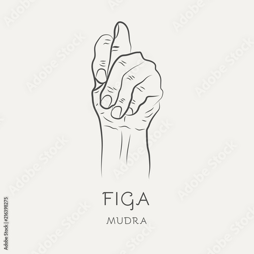 Figa mudra - gesture in yoga fingers. Symbol in Buddhism or Hinduism concept. Yoga technique for meditation. Promote physical and mental health. Vector illustration.