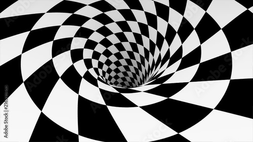 Animated hypnotic tunnel with white and black squares. Striped optical illusion three dimensional geometrical wormhole shape pattern motion graphics. Optical illusion created by zoom in of black and