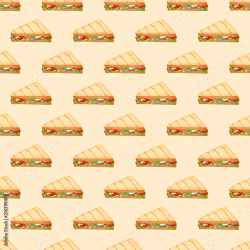 Seamless pattern with panini on yellow background. Vector illustration of fast food with sandwich in cartoon style.