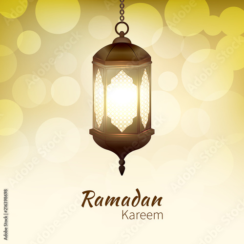 Ramadan Kareem - greeting card with hanging islamic lantern on golden bokeh background for Muslim Community festival. Bright lamp. Graphic design element for invitation, flyer. Vector illustration.